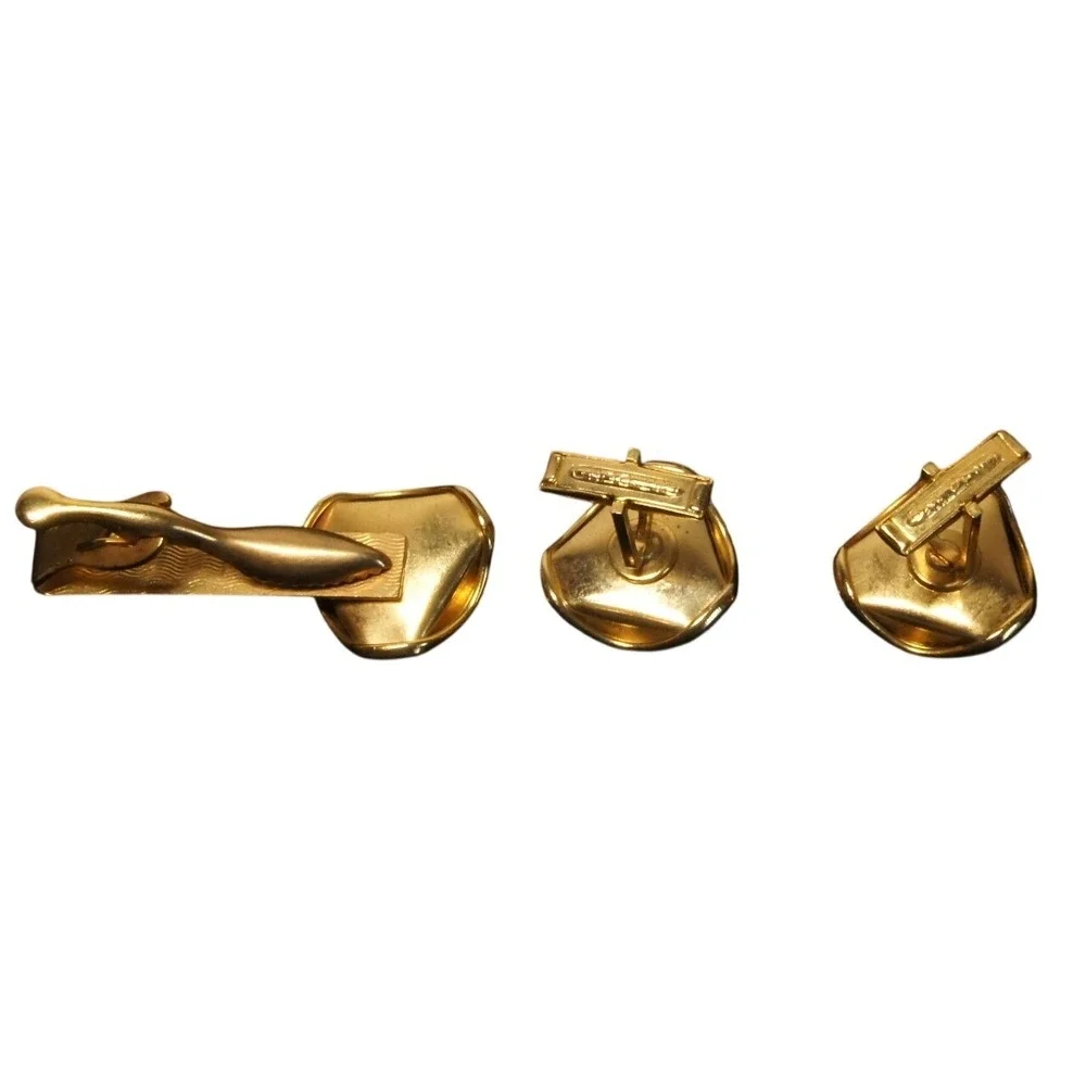 Vintage‎ Gold Tone Tie Bar & Cufflinks Set Abstract Modernist Mid Century